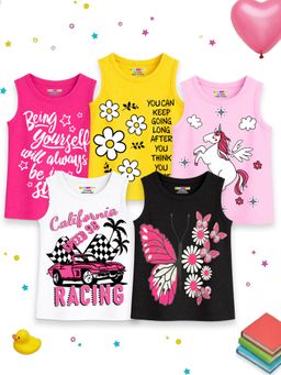 Kuchipoo - Girls Regular Fit Sleeveless Cotton T-Shirts (Pack Of 5)