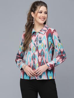 Mafadeny - Multi-Color Printed Shirt Style Top with Long Sleeves
