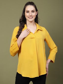 Mafadeny - Yellow Printed Top with Collar Neck(L)
