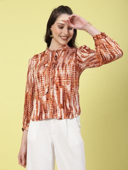 Mafadeny - Rust Printed Tie Neck Top with Puffed Sleeves