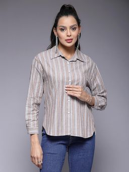 Mafadeny - Brown Striped Button-Down Shirt with Collared Neck and Long Sleeves