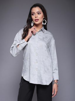 Mafadeny - Grey Embroidered Shirt with Collared Neck and Long Sleeves