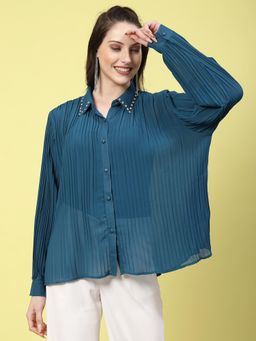 Mafadeny - Teal Elegant Shirt with Pleats and Decorative Collar