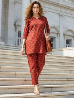 Shaily - Women's Red Floral Printed Cotton Blend Casual Co-Ord (Set of 2)