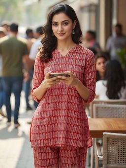 Shaily - Women's Red Printed Cotton Blend Casual Co-Ord (Set of 2)