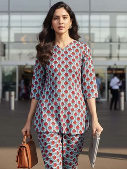 Shaily - Women's Sky Blue Floral Printed Cotton Blend Casual Co-Ord (Set of 2)