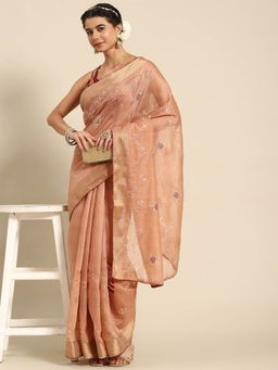 Odette - Peach Cotton Embroidered Saree with Unstitched Blouse