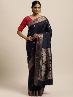 Sangam Prints - Navy Blue Silk Woven Work Traditional Saree with Unstitched Blouse