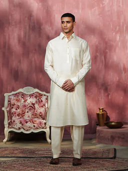 WeaverStory - Off White Chiniya Pathani Kurta (Set of 2)