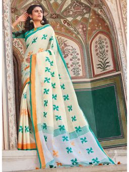 Sangam Prints - Off White Linen Cotton Woven Work Traditional Saree with Unstitched Blouse