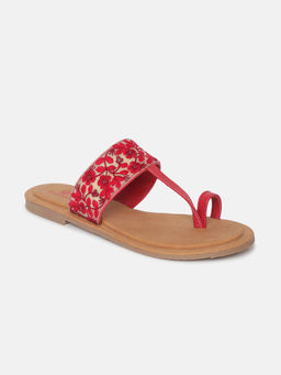 Marc Loire - Women Red Embroidered Casual Toe-ring Flat Sandals
