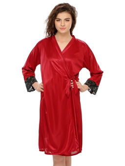 Clovia - 2 Pcs SatIn Nightwear Set In Maroon & Black - Short Robe & Nightie