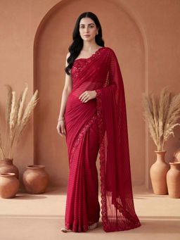 SATRANI - Red Stripes Sequined Border Georgette Saree with Unstitched Blouse