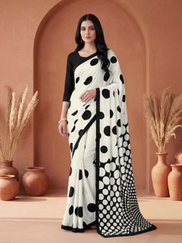 SATRANI - White Polka Dot Printed Silk Crepe Saree with Unstitched Blouse