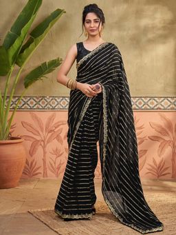SATRANI - Black Embellished Sequined Work Georgette Saree with Unstitched Blouse