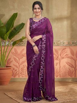 SATRANI - Purple Sequined Work Georgette Saree with Unstitched Blouse