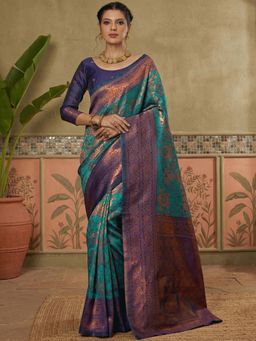 SATRANI - Green Floral Woven Weaving Silk Blend Saree with Unstitched Blouse