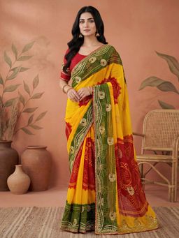 SATRANI - Multi-Color Bandhani Printed Georgette Saree with Unstitched Blouse
