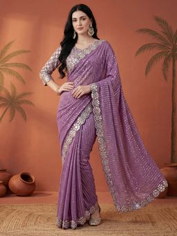 SATRANI - Lavender Embellished Mirror Work Border Saree with Unstitched Blouse