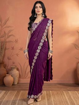 SATRANI - Purple Embellished Mirror Work Georgette Saree with Unstitched Blouse