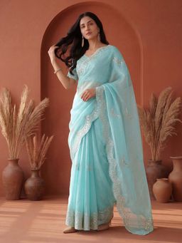 SATRANI - Sky Blue Embroidered Sequined Work Tissue Silk Saree with Unstitched Blouse