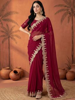 SATRANI - Red Sequined Embroidered Border Chiffon Saree with Unstitched Blouse