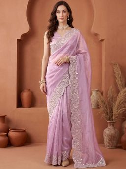 SATRANI - Baby Pink Sequined Embroidered Border Tissue Silk Saree with Unstitched Blouse