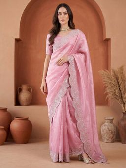 SATRANI - Rose Pink Sequined Embroidered Border Tissue Silk Saree with Unstitched Blouse