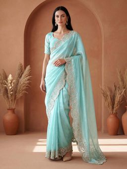 SATRANI - Sky Blue Sequined Embroidered Border Tissue Silk Saree with Unstitched Blouse