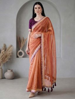 SATRANI - Orange Embroidered Lace Border Chiffon Saree with Unstitched Blouse