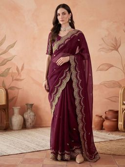 SATRANI - Maroon Sequined Embroidered Scalloped Border Chiffon Saree with Unstitched Blouse