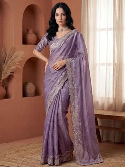 SATRANI - Lavender Sequined Embroidered Scalloped Border Chiffon Saree with Unstitched Blouse