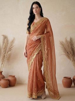 SATRANI - Rust Sequined Embroidered Scalloped Border Chiffon Saree with Unstitched Blouse