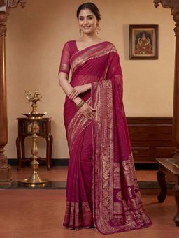 SATRANI - Rani Pink Floral Foil Printed Georgette Saree with Unstitched Blouse