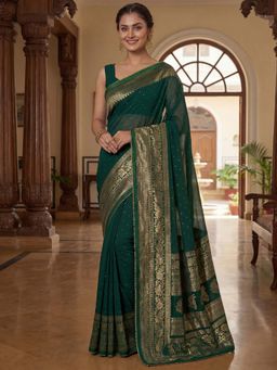 SATRANI - Dark Green Floral Foil Printed Georgette Saree with Unstitched Blouse