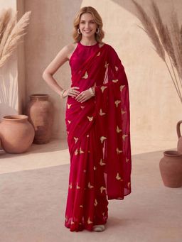 SATRANI - Red Sequined Butterfly Design Georgette Saree with Unstitched Blouse