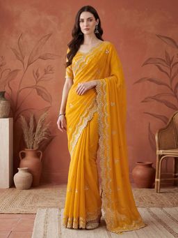 SATRANI - Yellow Sequined Embroidered Scalloped Border Tissue Saree with Unstitched Blouse