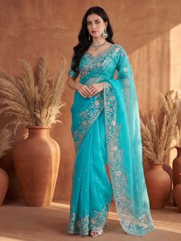 SATRANI - Blue Embellished Sequined Organza Saree with Unstitched Blouse