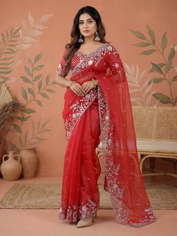 SATRANI - Red Embellished Sequined Organza Saree with Unstitched Blouse