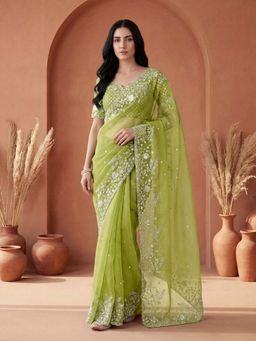 SATRANI - Light Green Embellished Sequined Organza Saree with Unstitched Blouse