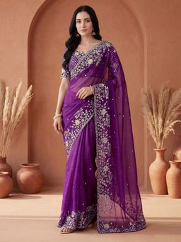 SATRANI - Purple Embellished Sequined Organza Saree with Unstitched Blouse