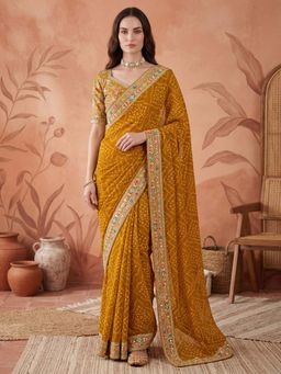 SATRANI - Mustard Bandhani Printed Georgette Saree with Unstitched Blouse