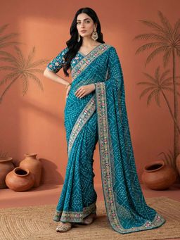 SATRANI - Teal Bandhani Printed Georgette Saree with Unstitched Blouse