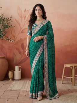 SATRANI - Rama Green Bandhani Printed Georgette Saree with Unstitched Blouse