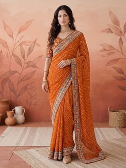 SATRANI - Orange Bandhani Printed Georgette Saree with Unstitched Blouse