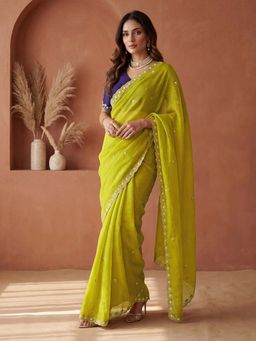SATRANI - Lime Green Embellished Beads Work Chiffon Saree with Unstitched Blouse