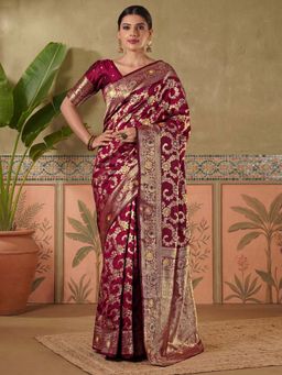 SATRANI - Maroon Zari Woven Weaving Silk Saree with Unstitched Blouse