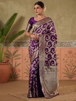 SATRANI - Dark Purple Zari Woven Weaving Silk Saree with Unstitched Blouse