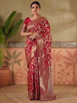 SATRANI - Red Zari Woven Weaving Silk Saree with Unstitched Blouse
