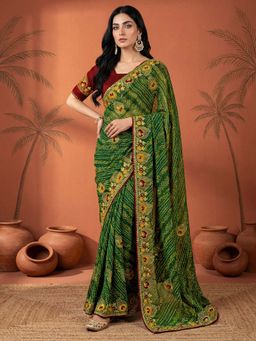 SATRANI - Green Bandhani Printed Georgette Saree with Unstitched Blouse